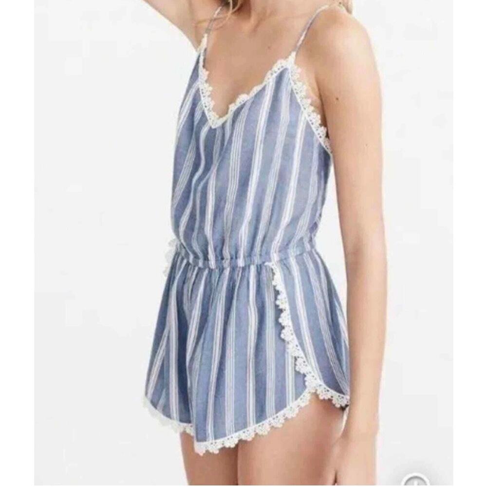 Abercrombie Fitch Striped Strappy Romper Size M Crochet Lace Trim Vtg Y2K Boho - Picture 2 of 13